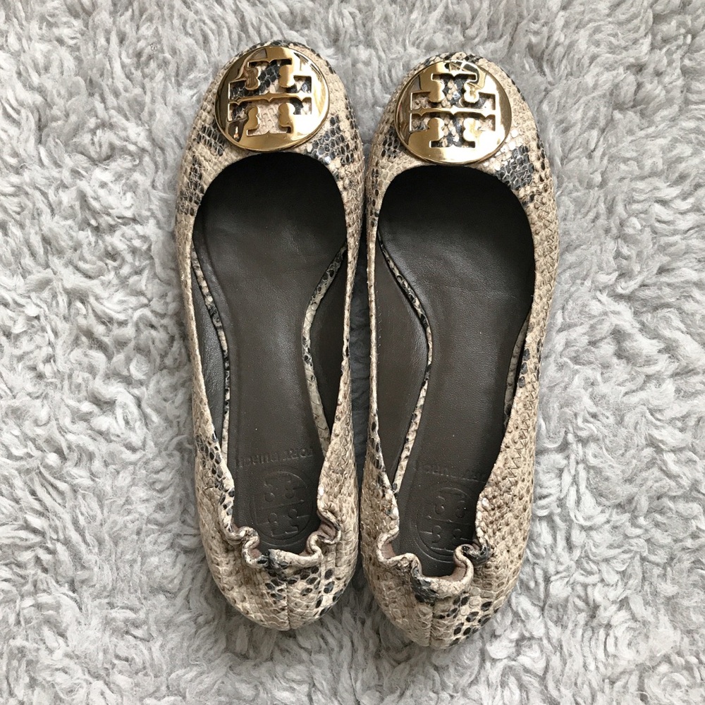 [LIKE NEW] Tory Burch Snake Skin Flats Gold Buckle